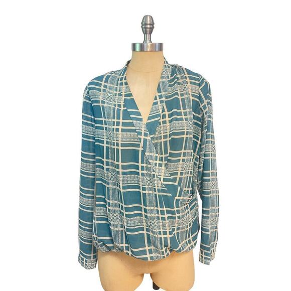 CAbi windowpane plaid faux wrap long sleeve blouse Small #3068 - Picture 2 of 6